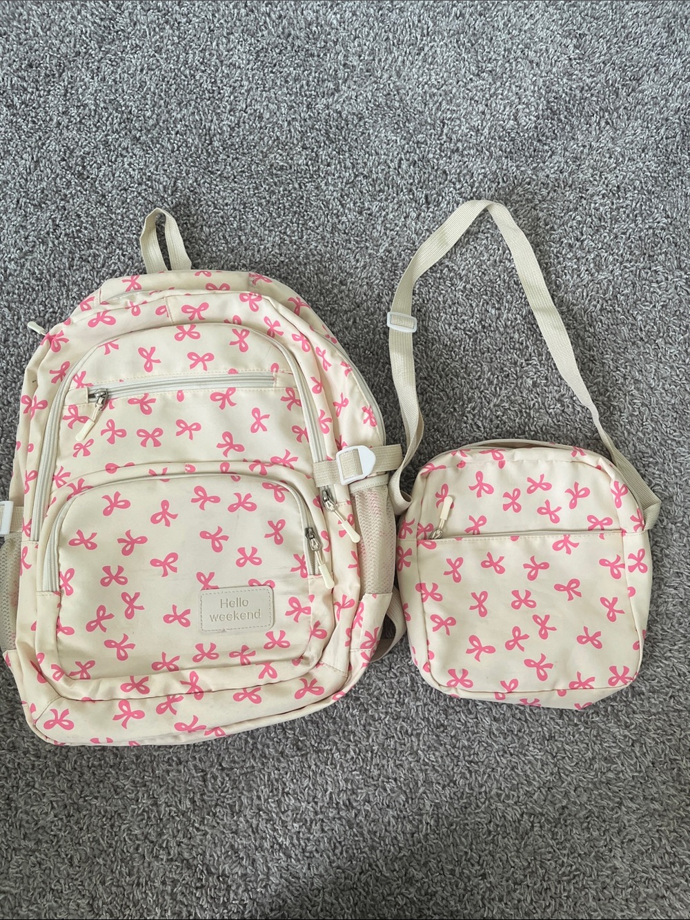 Kids Backpack and Crossbody Set - Cream with Pink Bows